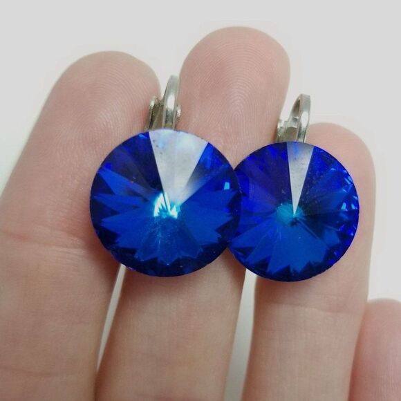 Vintage Blue Rhinestone Clip On Earrings, Sparkly Round Retro, Estate - Picture 1 of 6